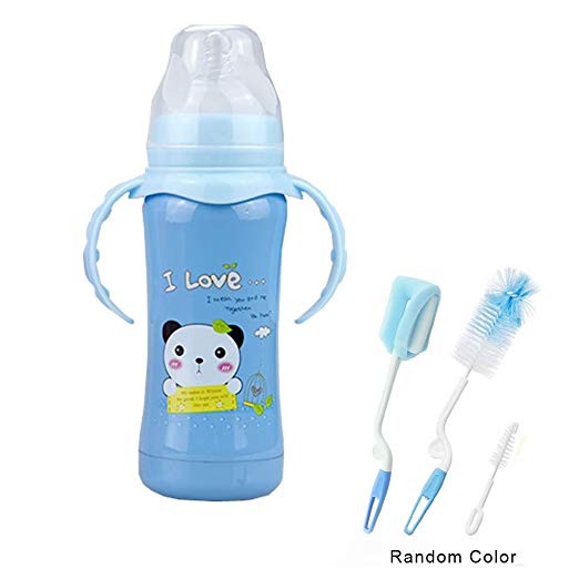 Sealive Baby Kid's Insulated Stainless Steel Water Bottle with Fast Flow Silicone Nipple&Matching Handle(240ml,Blue) + 3pcs Bottle Brush Cleaner Kit Pacifier Nipple Sponge Cleaner