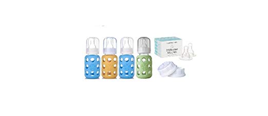 Lifefactory Glass Baby Bottles 4 Pack (4 oz. in Boy Colors) w/ Nipples and Caps