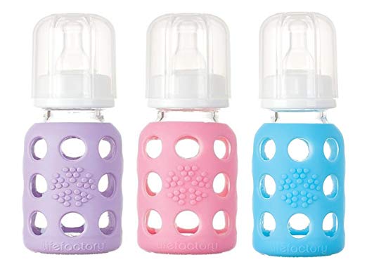 Lifefactory Glass Baby Bottle with Silicone Sleeve 4 Ounce - 3 Pack - Pink, Blue and Lilac