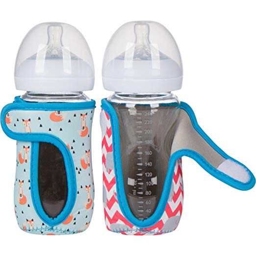 8 oz Miracle Bean Neoprene Baby Bottle Sleeves (Set of 2) – Adjustable Sleeves. Glass Bottles – Improved Heat/Cold Retention – Moisture Wicking, Non-Slip Grip – Fox and Elephant Designs