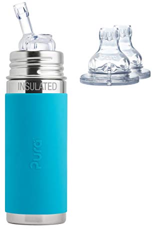 Pura Kiki Stainless Steel 9 Ounce Vacuum Insulated Bottle with Silicone Straw plus 2 XL Sipper Spouts, Aqua