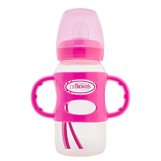 Dr. Brown's Wide-Neck Sippy Spout Baby Bottle with 100% Silicone Handle, Pink