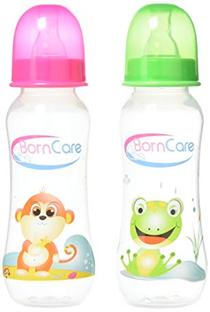 BornCare Feeding Bottle with Silicone Nipple Slow Flow Newborn, 0 - 3 Months, 8 oz., 2 Piece