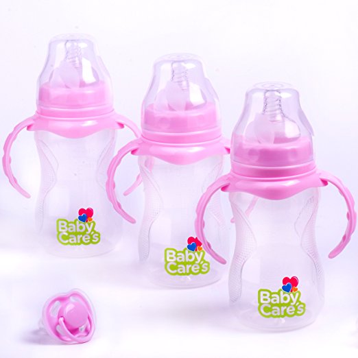 Baby Care's Baby Bottle Set with Feeding Handles – Anti-Colic Baby Bottle 3-Pack – Non-Drip, Dishwasher Safe, BPA-Free Bottles – 9 Ounce Bottles + FREE BONUS Pacifier by Baby Care (Pink)