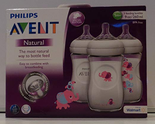 Philips AVENT Elephant Special Edition 9oz Bottle, BPA-Free, 3-Pack (Pink/Purple/Blue)