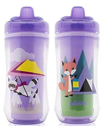 Dr Brown' s 2 Pack 10 Ounce Hard Spout Transition Sippy Cup - Girl Raccoon and Fox (Purple), BPA Free Great for Babies and Toddlers 12 months+