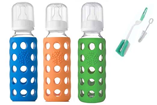 Lifefactory Glass Baby Bottles 3 Pack 9 oz. w/ Free Bottle Brush (Boy Colors)