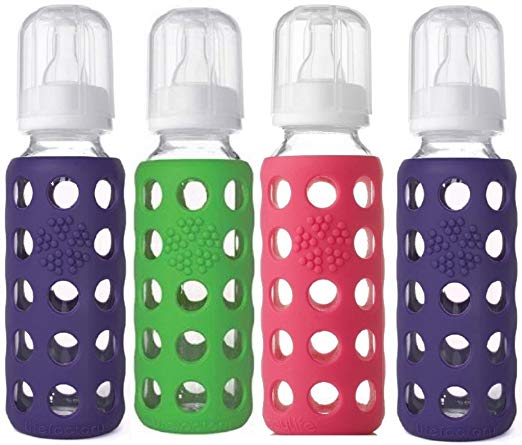 Lifefactory Glass Baby Bottles 4 Pack (9 oz. in Girl Colors), Purple/Green/Ra...