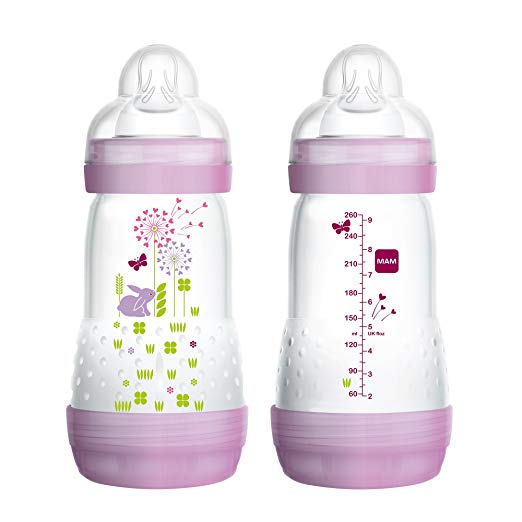 MAM Baby Bottles for Breastfed Babies, MAM Baby Bottles Anti Colic, Girl, 9 Ounces, 2-Count