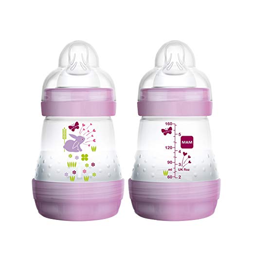 MAM Baby Bottles for Breastfed Babies, MAM Baby Bottles Anti Colic, Girl, 5 Ounces, 2-Count