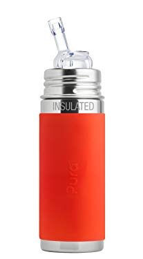 Pura Kiki 9 oz / 260 ml Stainless Steel Insulated Bottle with Silicone Straw & Sleeve, Orange (Plastic Free, Nontoxic Certified, BPA Free)