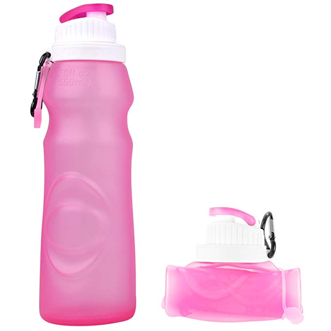 Miami Carryon Collapsible Silicone Bottle - 20fl oz / 550ml, BPA Free, FDA Approved, Easy to Store and Clean - Pink