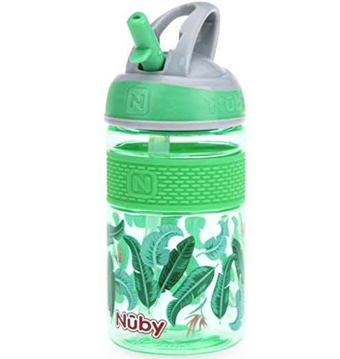 Nuby Thirsty Kids Flip-it Freestyle On the Go Water Bottle with Bite Resistant Hard Straw and Easy Grip Band, Green Banana Leaves, 12 Ounce