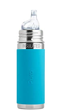 Pura Kiki 9 oz / 260 ml Stainless Steel Insulated Sippy Cup with Silicone XL Sipper Spout & Sleeve, Aqua (Plastic Free, NonToxic Certified, BPA Free)