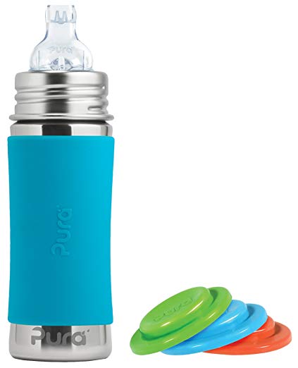 Pura Kiki Stainless Steel Toddler Sippy Bottle with Aqua 11 Ounce, Plus Set of 3 Silicone Sealing Disks