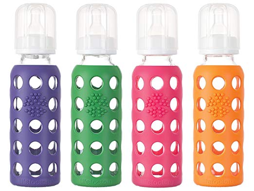 Lifefactory Glass Baby Bottles 9 Ounce - 4 Pack (Royal Purple, Raspberry, Orange, Green)