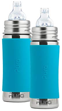 Pura Kiki Stainless Steel Toddler Sippy Bottle with Aqua Silicone 11 Ounce, Set of 2