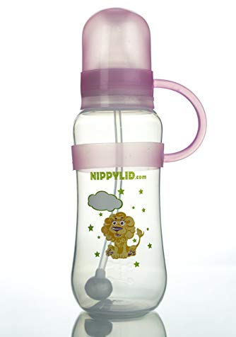 Eco Friendly BPA Free Baby Bottle With Straw and Pink Silicoe NippyLid (Patent Pending) Slow Flow Nipple Included NEVER LOSE THE LID AGAIN!