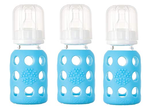 Lifefactory Glass Baby Bottle with Silicone Sleeve 4 Ounce - 3 Pack - Sky Blue