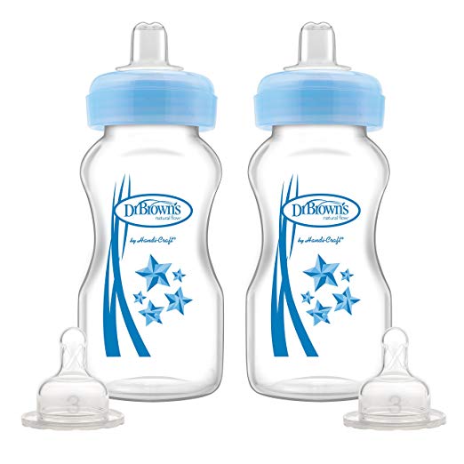 : Dr. Brown's Wide-Neck Options Baby Bottles, 2-in-1 Transition Bottle Kit, 9 ounce, Blue, 2 Count