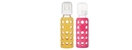 Lifefactory Glass Baby Bottle with Silicone Sleeve 9 Ounce, Set of 2 - Yellow and Raspberry