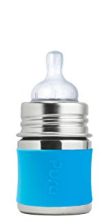 Pura Kiki 5oz / 150ml Stainless Steel Infant Bottle with Silicone Natural Vent Nipple & Sleeve (Aqua)