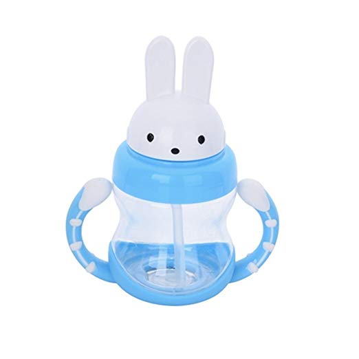 Samber 240ml Rabbit Cartoon Type BPA Free Baby Water Bottle Cups Portable Training Cup with Flip Straw Top and Non Slip Handles (Blue)