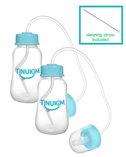 Tinukim Hands Free Baby Bottle – Anti-Colic Nursing System, 4 Ounce (Set of 2 - Blue)