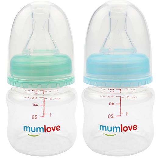 MUAI BPA Free Newborn Baby Feeding Bottle with Slow Flow Nipple, 2 Ounce, 2 Count (Green/Blue)