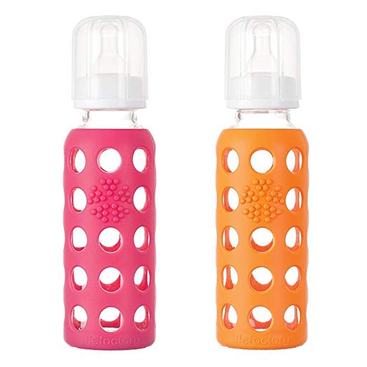 Lifefactory Glass Baby Bottle with Silicone Sleeve, Set of 2 (Raspberry/Orange)