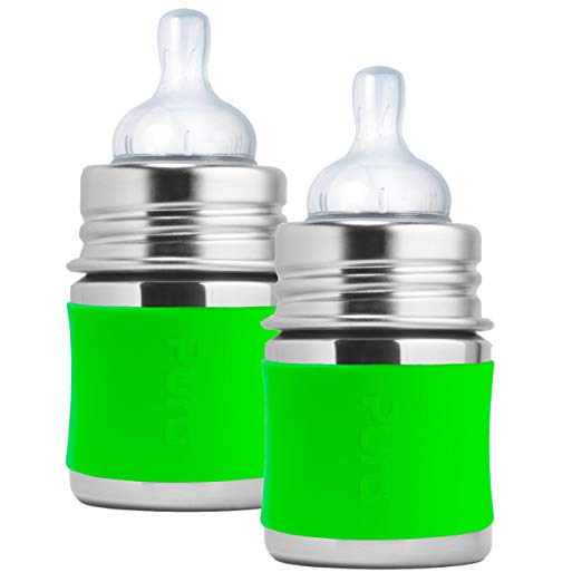 Pura Kiki Stainless Steel Infant Bottle with Green Silicone Sleeve, 5 Ounce, Set of 2