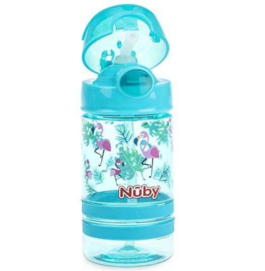 Nuby Thirsty Kids Flip-it Thin Straw Active On the Go Water Bottle with Push Cap and Carry Handle, Aqua Flamingo, 12 Ounce