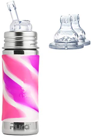 Pura Kiki Stainless Steel 11 Ounce Bottle with Silicone Straw plus 2 XL Sipper Spouts, Pink Swirl