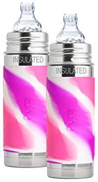 Pura Kiki Stainless Steel Vacuum Insulated Toddler Sippy Bottle with Pink Swirl Silicone 9 Ounce, Set of 2