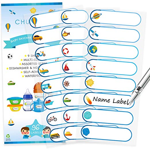 Baby Bottle Labels, Waterproof Durable Write-On Kids Name Labels for Daycare, Pack of 96 (Boys - Action Icons)