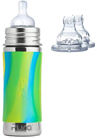 Pura Kiki Stainless Steel 11 Ounce Infant Bottle plus 2 XL Sipper Spouts, Aqua Swirl